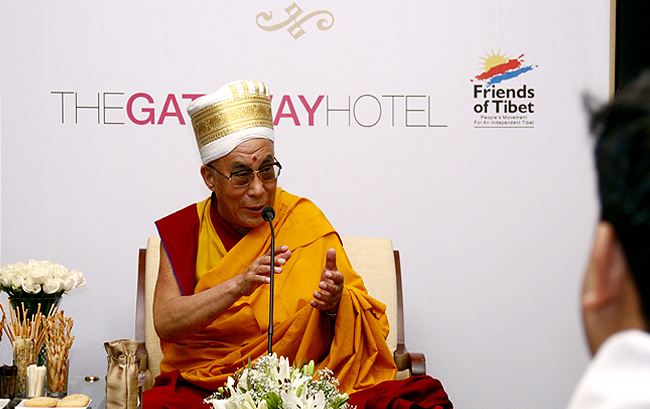 His Holiness the XIV Dalai Lama of Tibet addressing a gathering of Friends of Tibet members and supporters 
at The Gateway Hotel of Taj, Kochi on September 04, 2010. The first Men-Tsee-Khang Tibetan Medical Camp in Kochi by was organised by Friends of Tibet to 
coincide with the first visit of HH the Dalai Lama to Kochi city. Men-Tsee-Khang, the Tibetan Medical and Astrological Institute is a cultural, charitable and 
educational institution of HH the Dalai Lama, established on March 23, 1961. (Photo: Jijo Abraham)