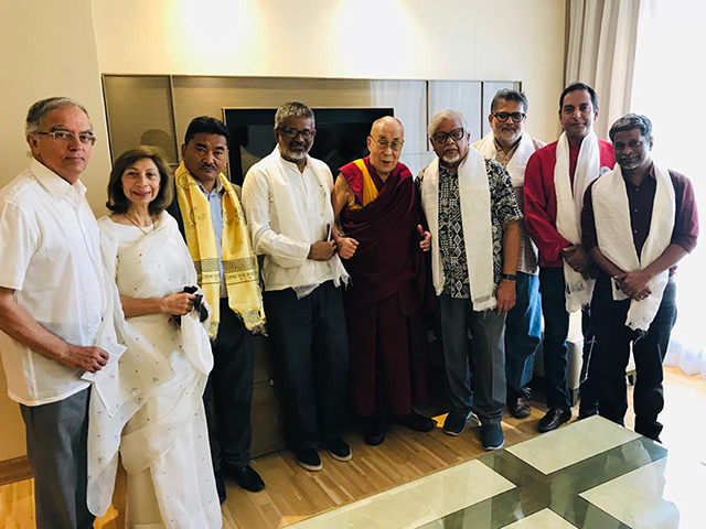 Team Friends of Tibet with His Holiness the XIV Dalai Lama of Tibet: (L-R) Vijay M Crishna, Smita Godrej, Dr Dorjee Rapten Neshar, Sethu Das, Arun Gandhi, Tushar A Gandhi, Sunil Sridhar and Santosh Kangutkar with HH the XIV Dalai Lama on December 12, 2018. (Photo: Office of HH the Dalai Lama)