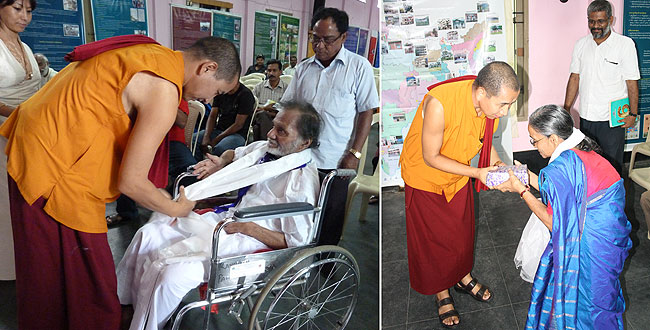 Dr Lobsang Zoepa of Men-Tsee-Khang, Dharamshala honors Shri Ahmed Shah and Smt Marykutty Cherian for the support they extended to the Kochi Tibetan Medical Camps since its beginning in September 2010. They were honoured during the Golden Jubilee Celebrations of the Tibetan Medical Institute held at Ashirbhavan, Kochi on September 6, 2011.