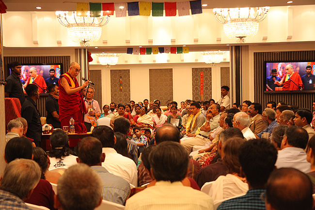 His Holiness the XIV Dalai Lama of Tibet speaks to a gathering of 'Friends of Tibet' members and 
'Wellbeing' beneficiaries at the Holiday Inn Cochin on November 25, 2012. His Holiness spoke about 'The Art of Happiness' at a function organised by the 
'Friends of Tibet Foundation for the Wellbeing'. (Photo: Ramesh Kumar PS)